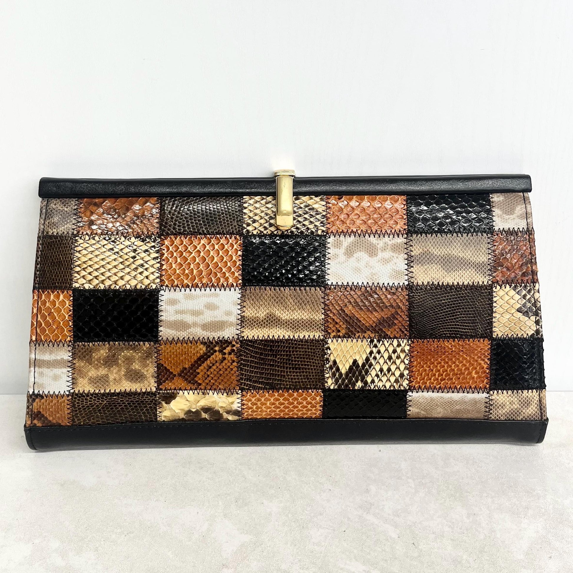 Vintage Real Leather Debonair Snakeskin Effect Large Clutch Bag with a Long Chain Strap Black & Tan MillyOliverVintage