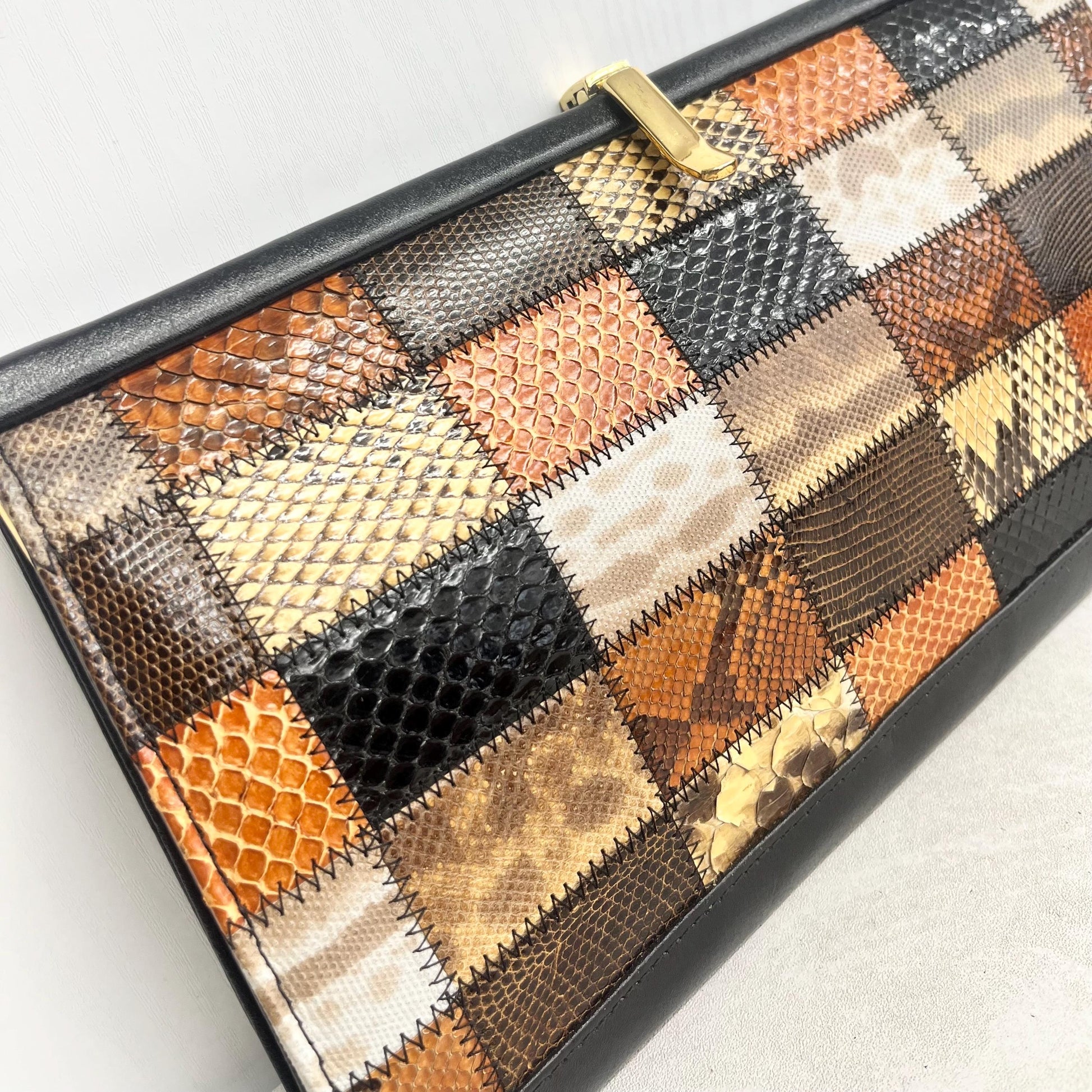 Vintage Real Leather Debonair Snakeskin Effect Large Clutch Bag with a Long Chain Strap Black & Tan MillyOliverVintage