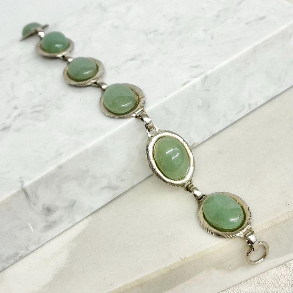 Vintage Silver Tone 1970’s 1980’s Green Aventurine Cabochon Bracelet Costume Jewellery 7.5” MillyOliverVintage