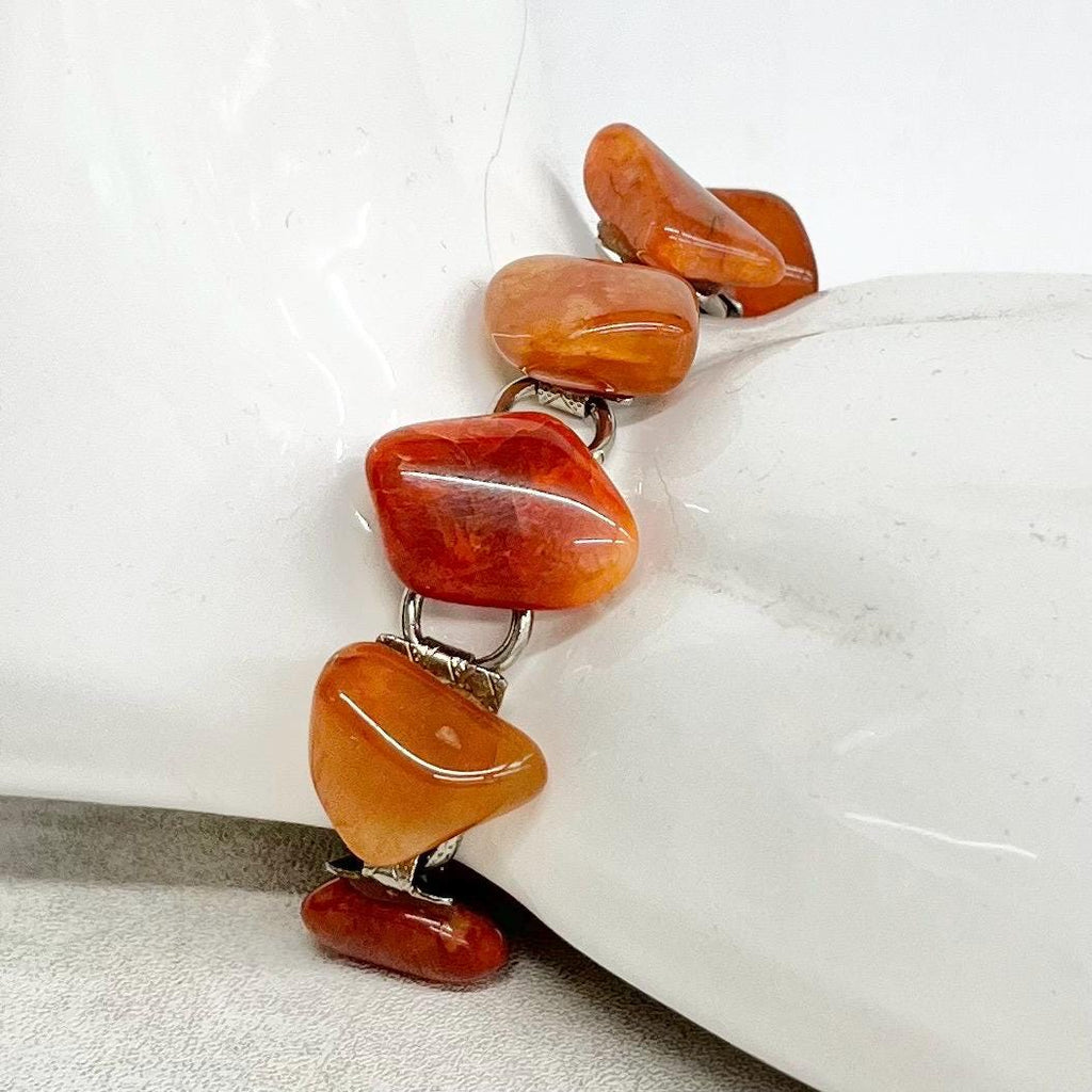 Vintage Orange Agate / Carnelian Silver Tone 1970’s Gemstone Stone Bracelet Semi Precious Costume Jewellery 7.5” (001) MillyOliverVintage