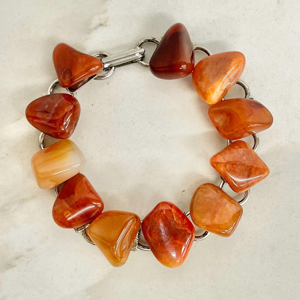 Vintage Orange Agate / Carnelian Silver Tone 1970’s Gemstone Stone Bracelet Semi Precious Costume Jewellery 7.5” (001) MillyOliverVintage