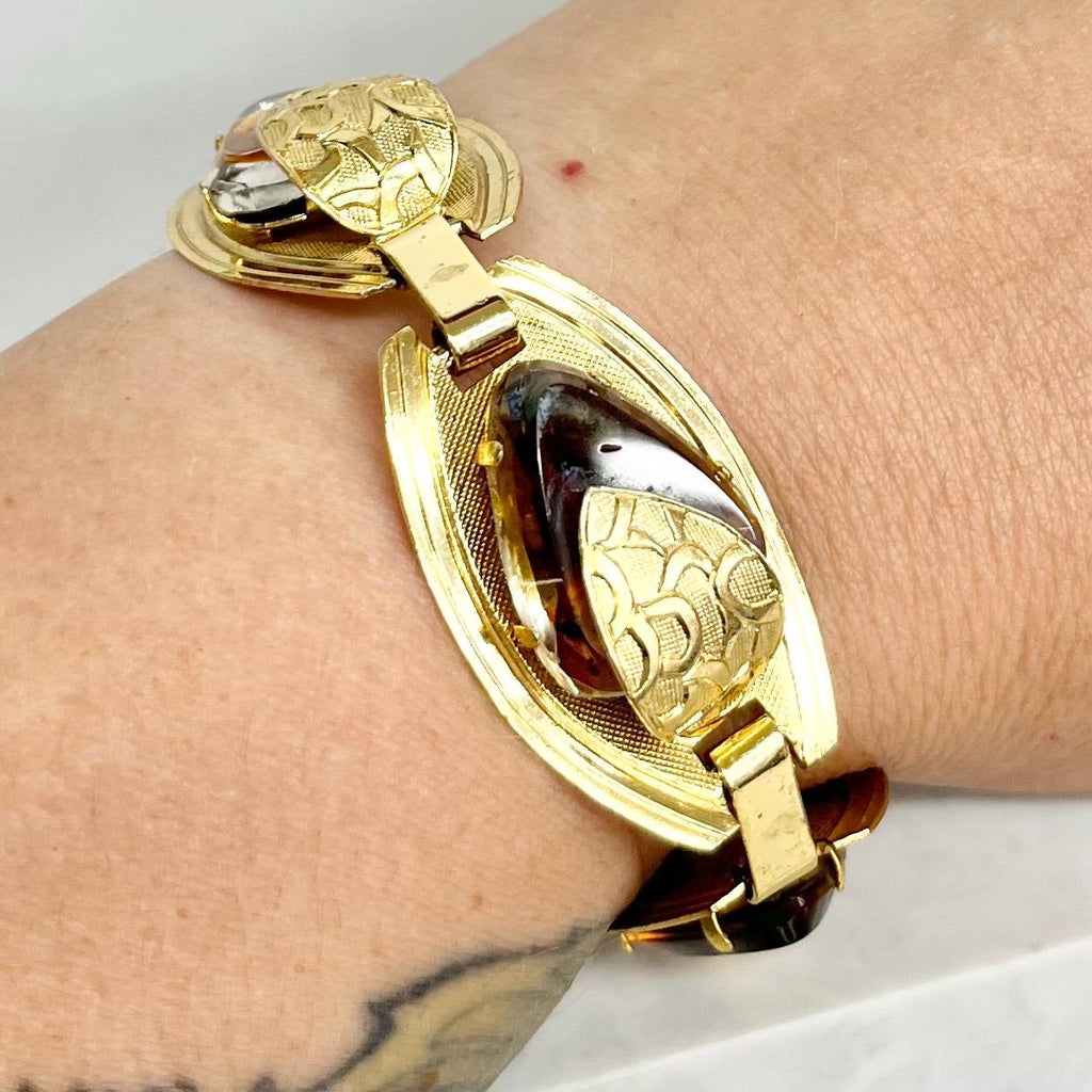 Vintage Unusual 1970’s Bracelet Gold Plate with Topaz Coloured Glass Stones Fabulous Modernist Design with a Toggle Clasp MillyOliverVintage