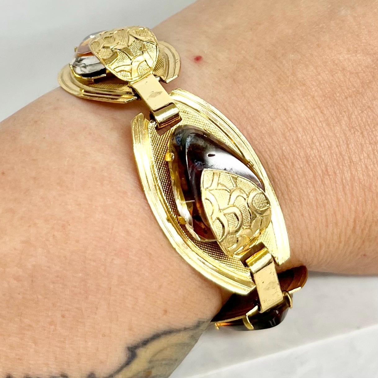 Vintage Unusual 1970’s Bracelet Gold Plate with Topaz Coloured Glass Stones Fabulous Modernist Design with a Toggle Clasp MillyOliverVintage
