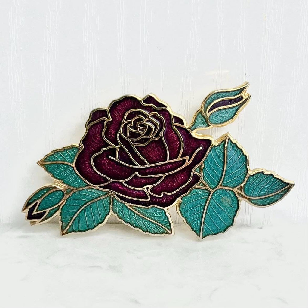 Vintage Gold Tone Cloisonne Enamel Red Rose Brooch Excellent Quality Costume Jewellery Statement Piece MillyOliverVintage
