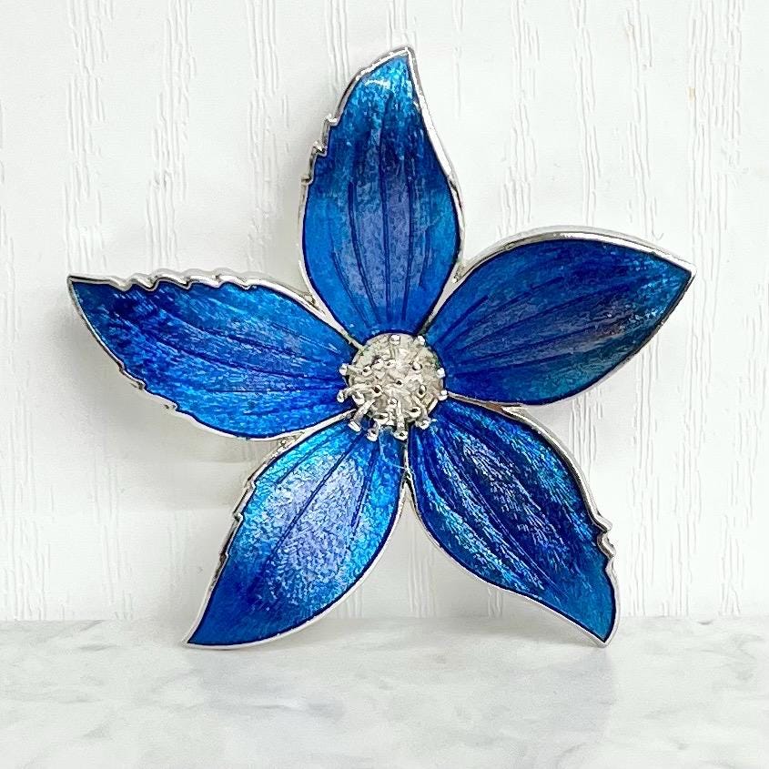 Vintage Silver Tone Cloisonne Enamel Blue Tropical Flower Brooch Excellent Quality Costume Jewellery Statement Piece MillyOliverVintage