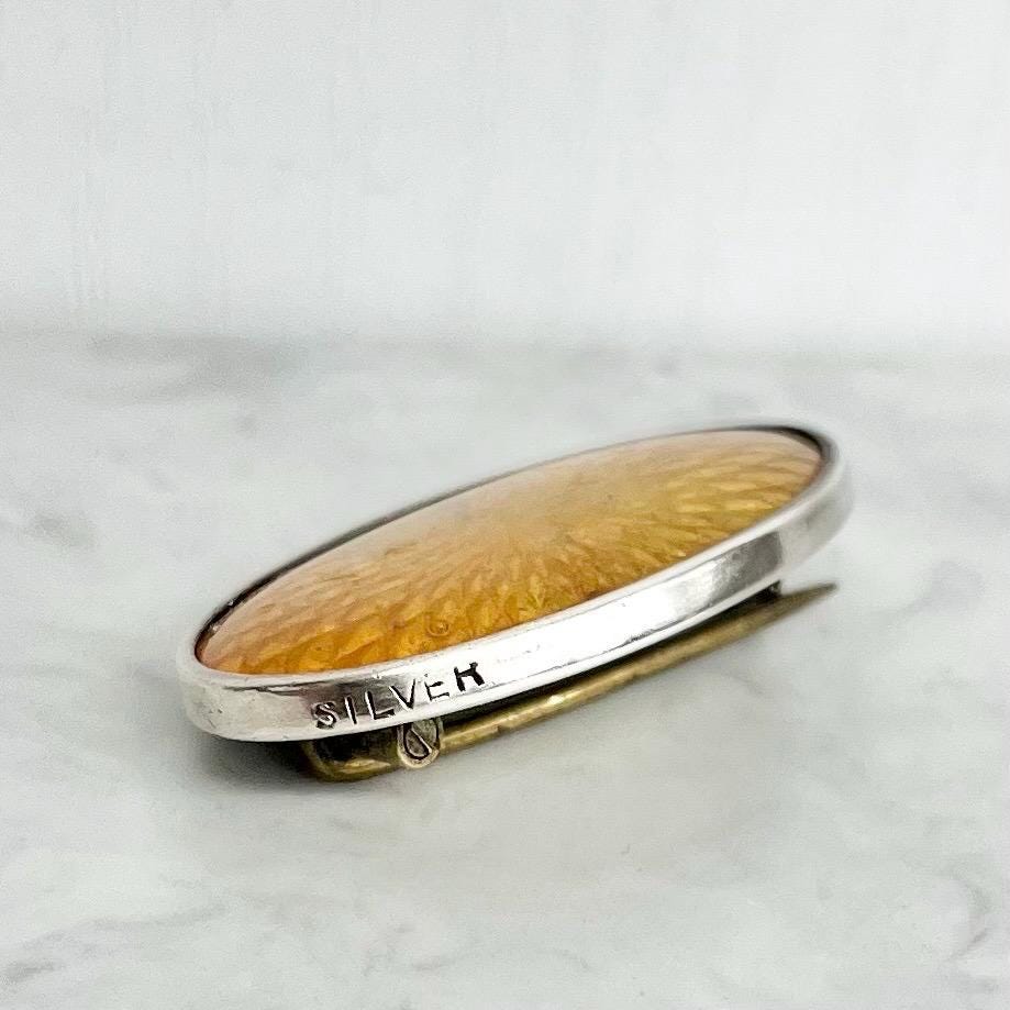 Antique 1930’s Oval Sterling Silver Mounted Yellow Guilloche Enamel Brooch MillyOliverVintage