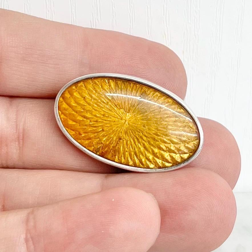 Antique 1930’s Oval Sterling Silver Mounted Yellow Guilloche Enamel Brooch MillyOliverVintage