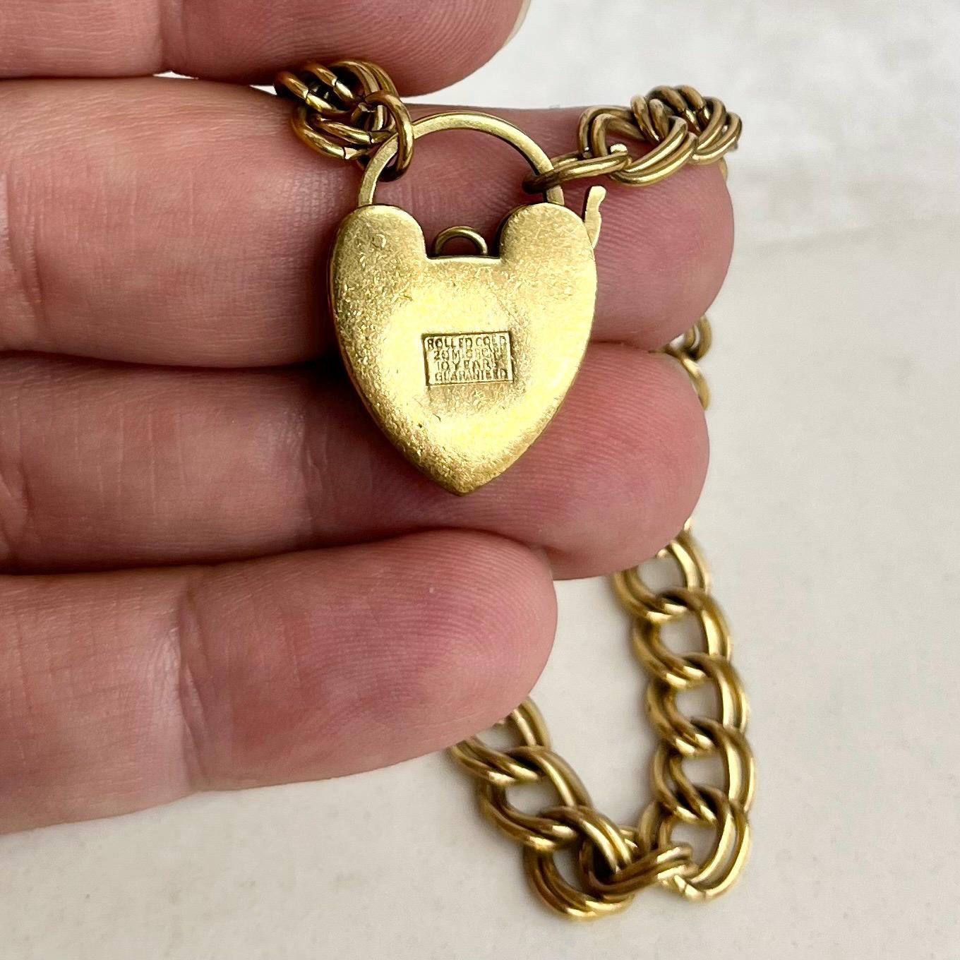 Vintage 9ct Rolled Gold Heart Padlock Bracelet on a Double Curb Chain MillyOliverVintage