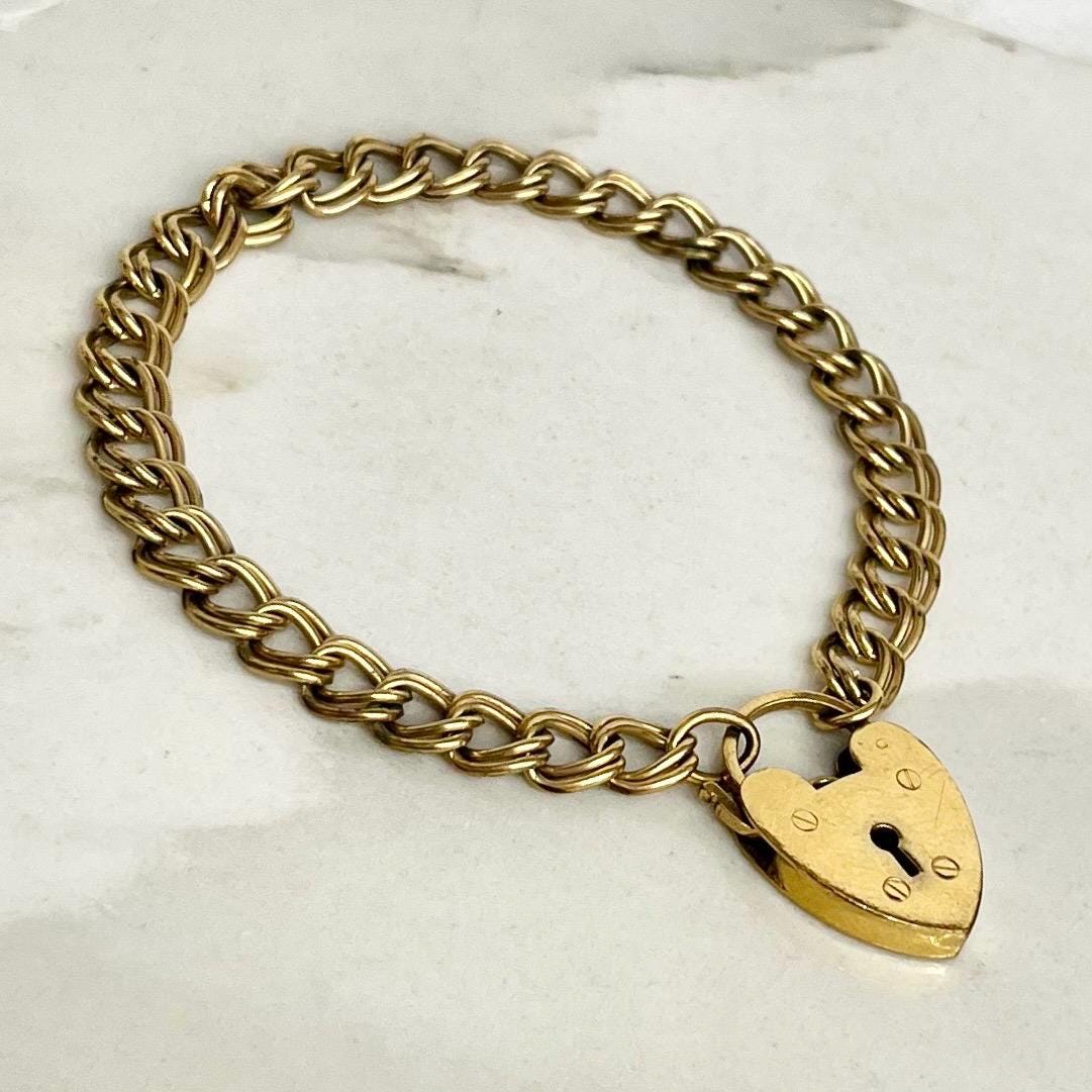 Vintage 9ct Rolled Gold Heart Padlock Bracelet on a Double Curb Chain MillyOliverVintage