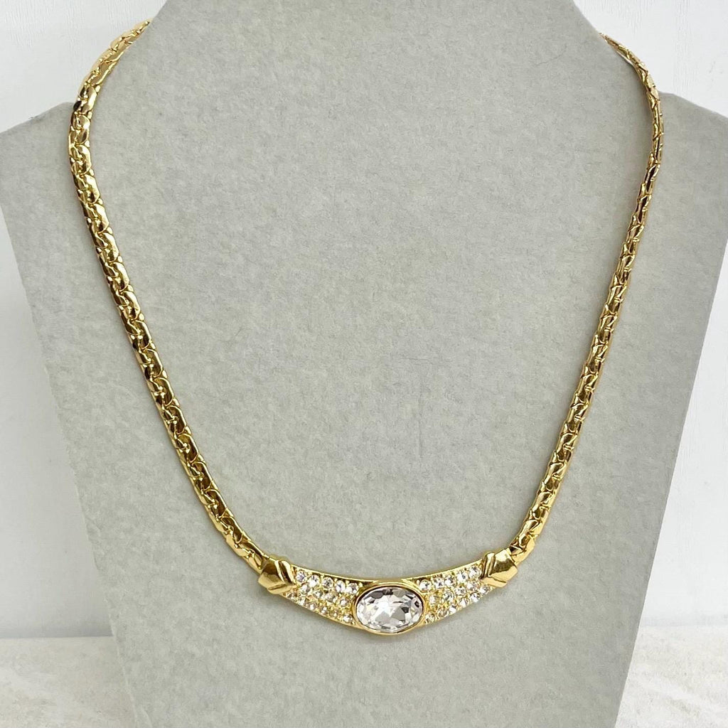 Vintage Diamante Crystal Gold Plate Grecian Style Collar Necklace 16” Long MillyOliverVintage