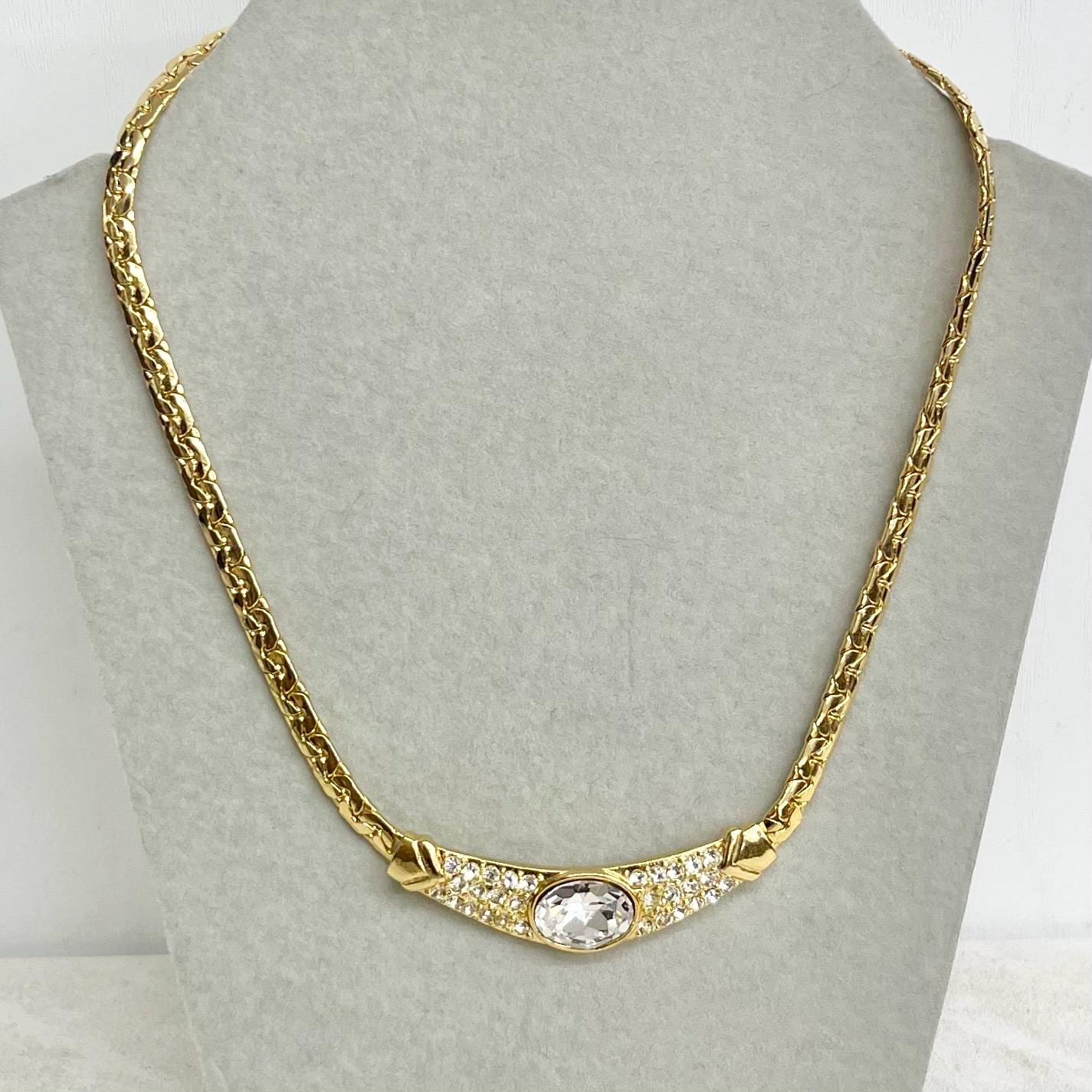 Vintage Diamante Crystal Gold Plate Grecian Style Collar Necklace 16” Long MillyOliverVintage