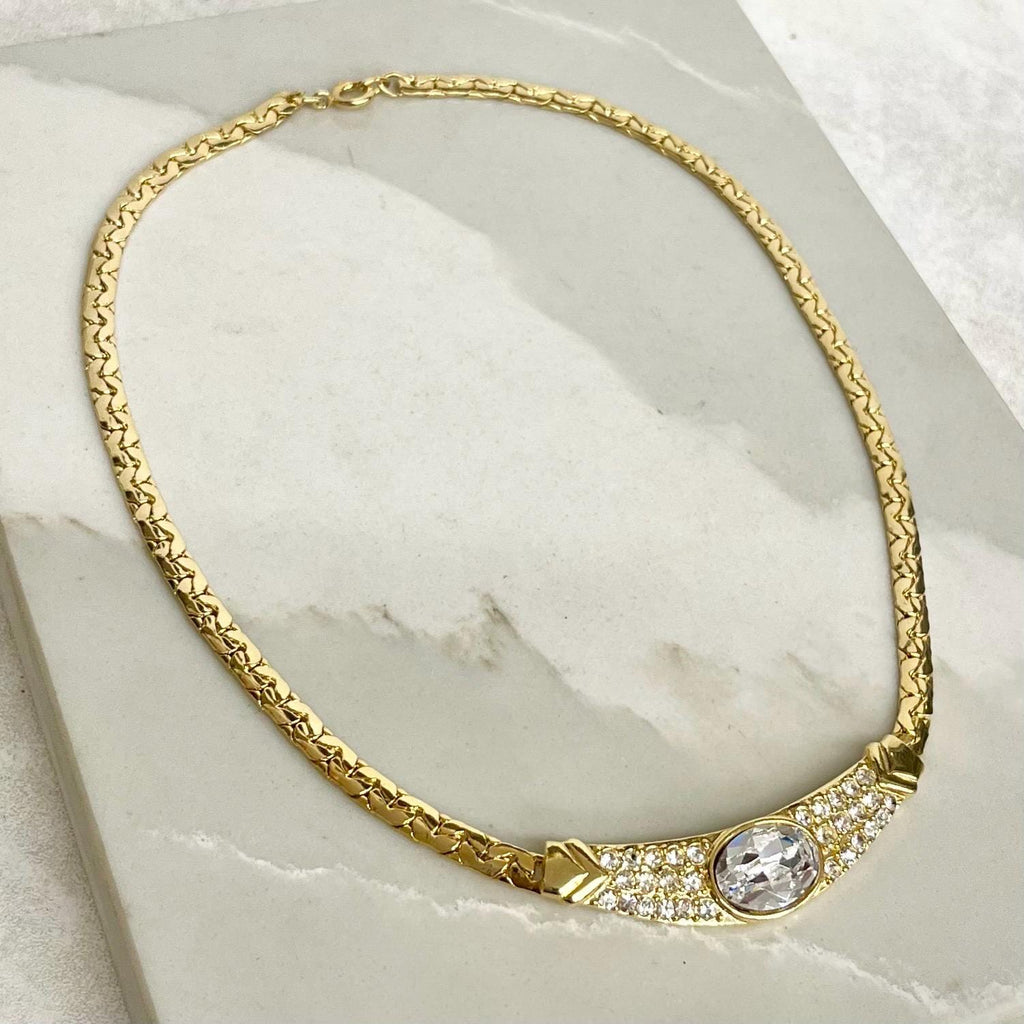 Vintage Diamante Crystal Gold Plate Grecian Style Collar Necklace 16” Long MillyOliverVintage