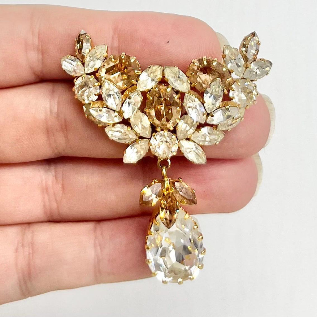 Vintage Gold Tome Champagne & Clear Crystal Tear Drop Statement Brooch Excellent Quality MillyOliverVintage
