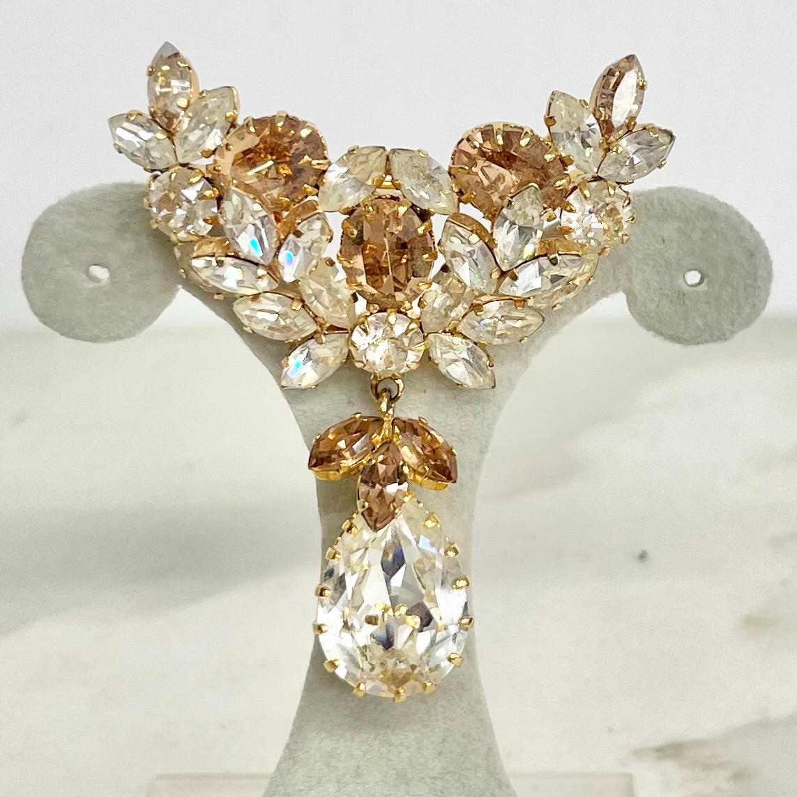 Vintage Gold Tome Champagne & Clear Crystal Tear Drop Statement Brooch Excellent Quality MillyOliverVintage