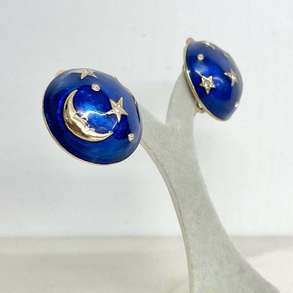 Vintage Blue Enamel Round Shaped Clip On Earrings Gold Plated with Celestial Moon and Star Details MillyOliverVintage