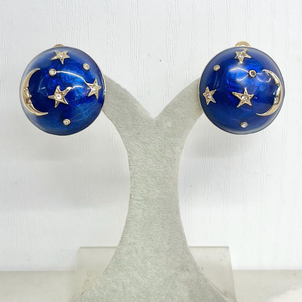 Vintage Blue Enamel Round Shaped Clip On Earrings Gold Plated with Celestial Moon and Star Details MillyOliverVintage