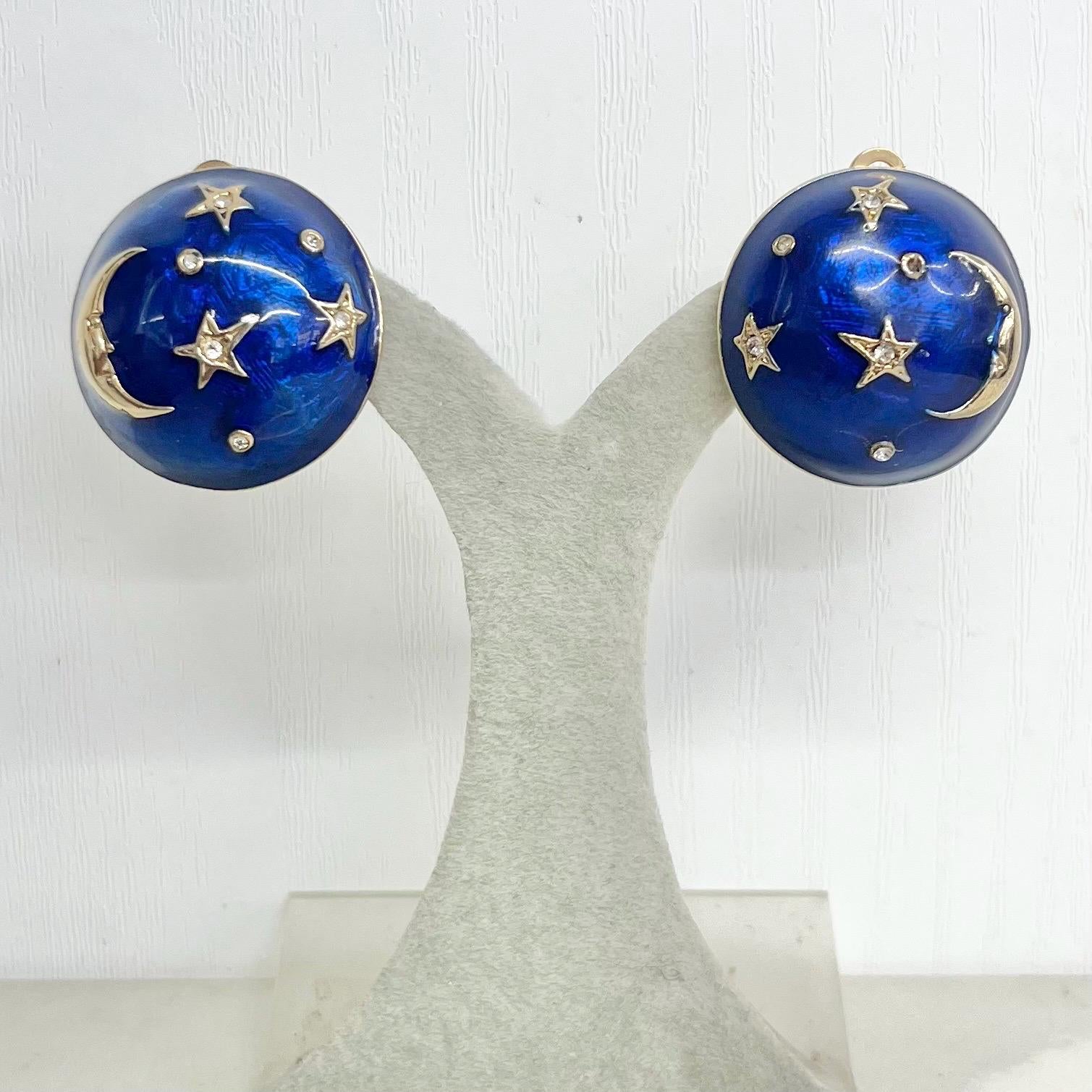 Vintage Blue Enamel Round Shaped Clip On Earrings Gold Plated with Celestial Moon and Star Details MillyOliverVintage