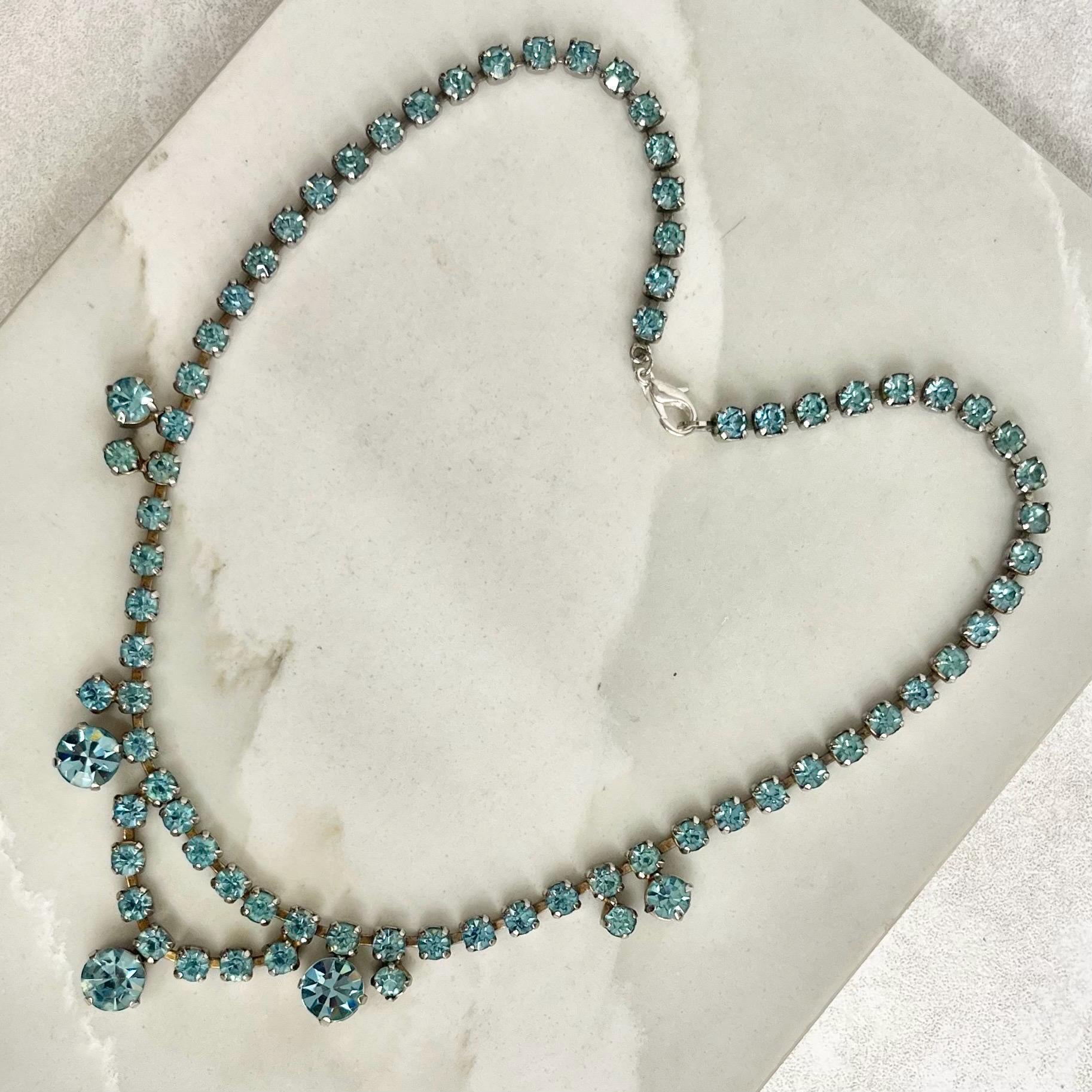 Vintage Aquamarine Blue Crystal Drop Diamante Paste Necklace : Perfect for Brides or Party Wear MillyOliverVintage