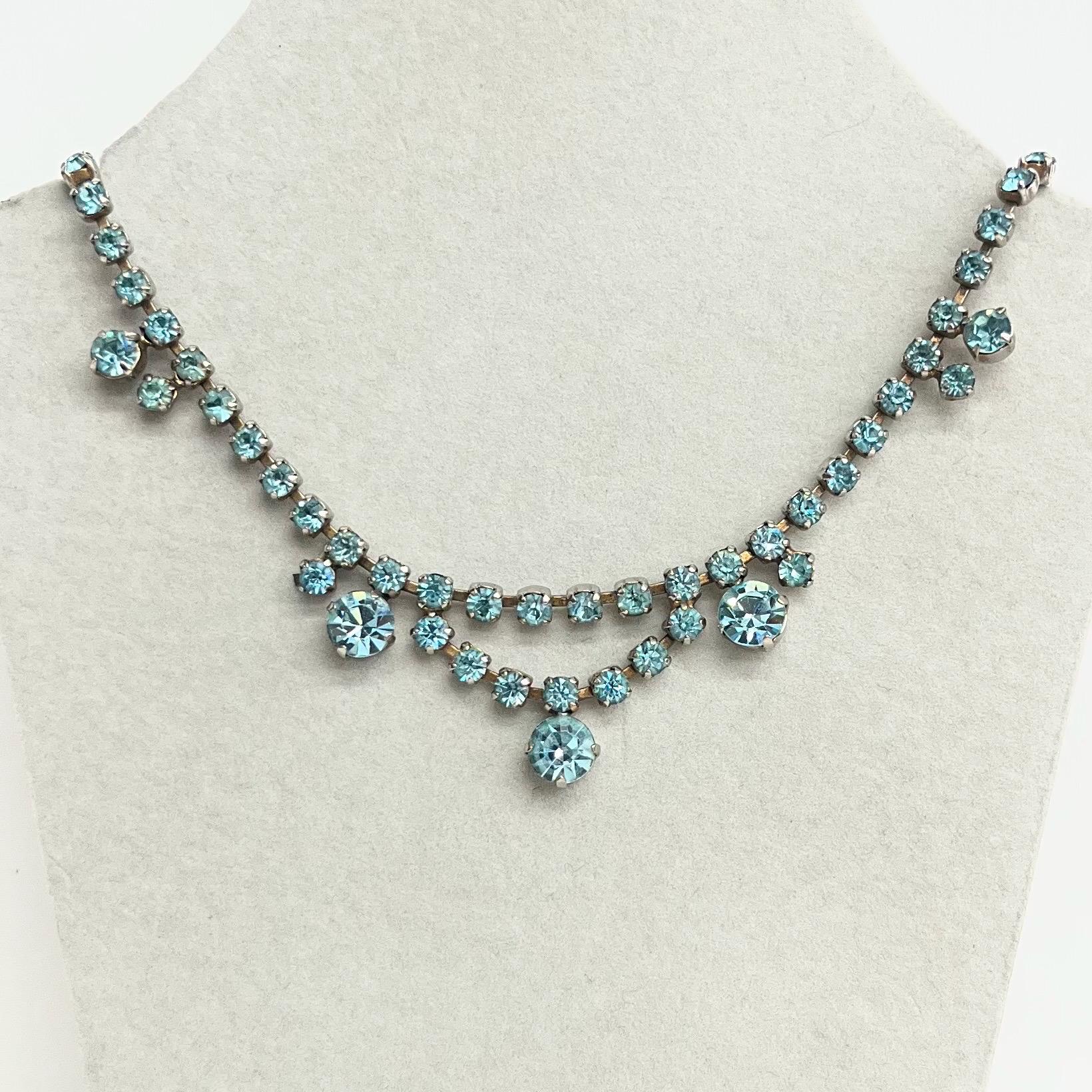 Vintage Aquamarine Blue Crystal Drop Diamante Paste Necklace : Perfect for Brides or Party Wear MillyOliverVintage
