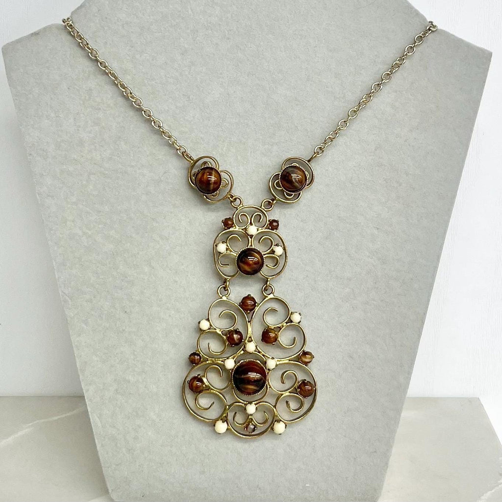 Vintage 1960s Gold Tone Czech Glass Pendant Necklace in a Large Openwork Filigree Design : Statement Jewellery MillyOliverVintage