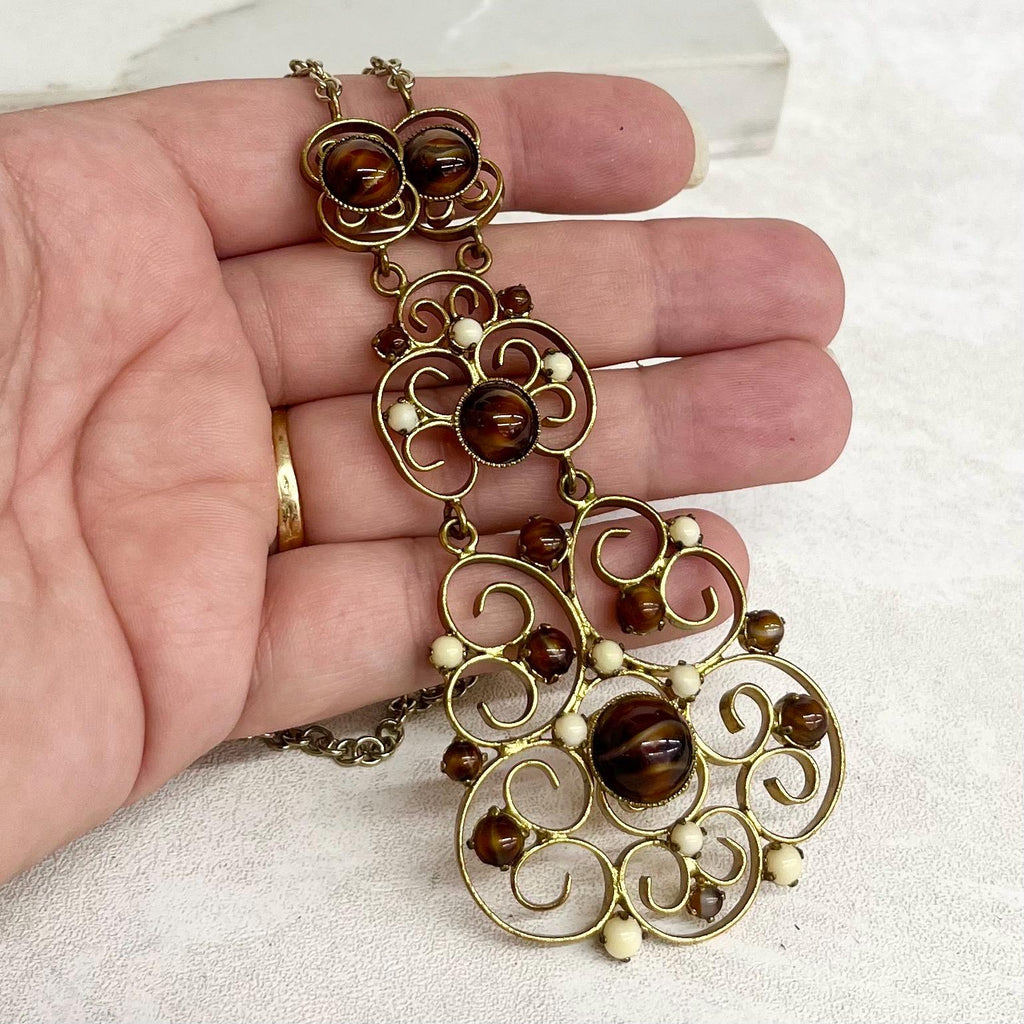 Vintage 1960s Gold Tone Czech Glass Pendant Necklace in a Large Openwork Filigree Design : Statement Jewellery MillyOliverVintage