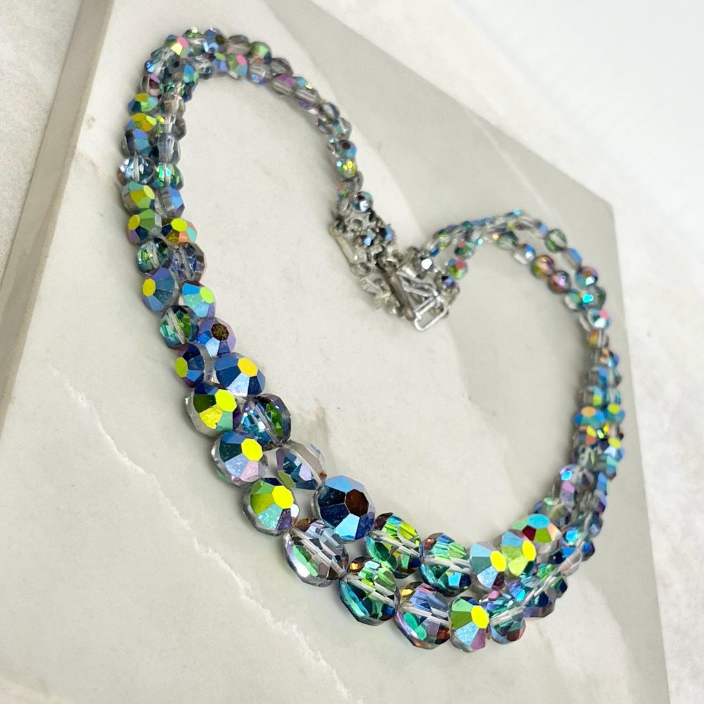 Vintage 1940’s Two Strand Rainbow Iris Aurora Borealis Bead Necklace : Waterfall Style with an Ornate Crystal Clasp by Exquisite MillyOliverVintage