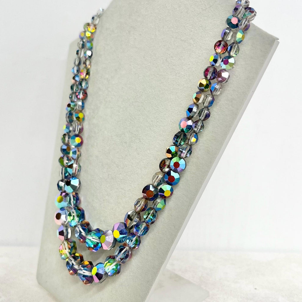 Vintage 1940’s Two Strand Rainbow Iris Aurora Borealis Bead Necklace : Waterfall Style with an Ornate Crystal Clasp by Exquisite MillyOliverVintage