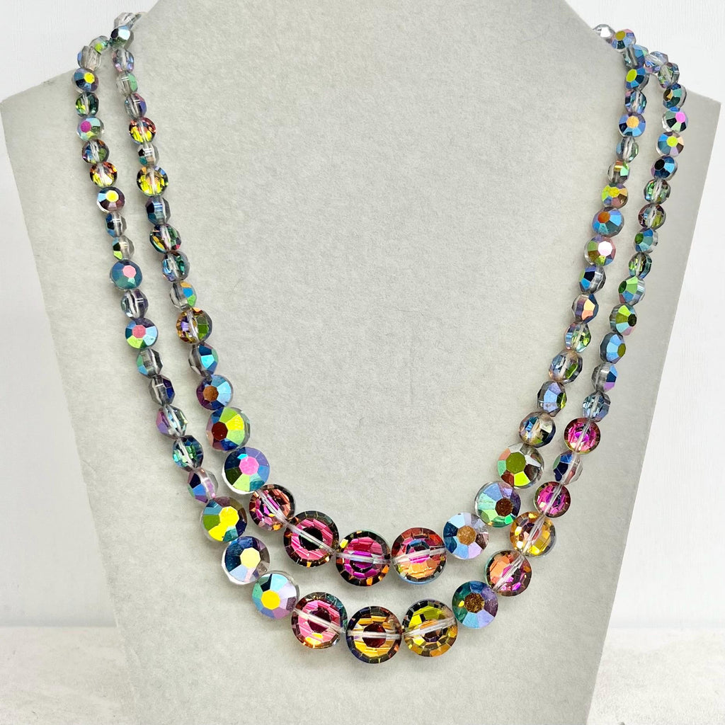 Vintage 1940’s Two Strand Rainbow Iris Aurora Borealis Bead Necklace : Waterfall Style with an Ornate Crystal Clasp by Exquisite MillyOliverVintage