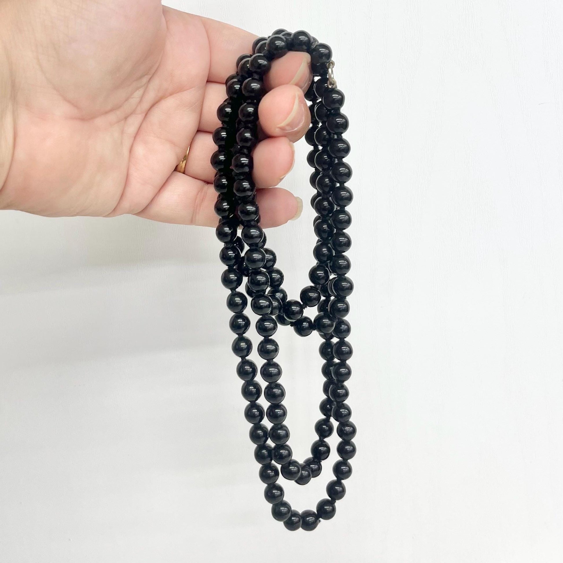 Vintage Black Agate Bead Necklace Handcrafted Hand Knotted 48” Long MillyOliverVintage