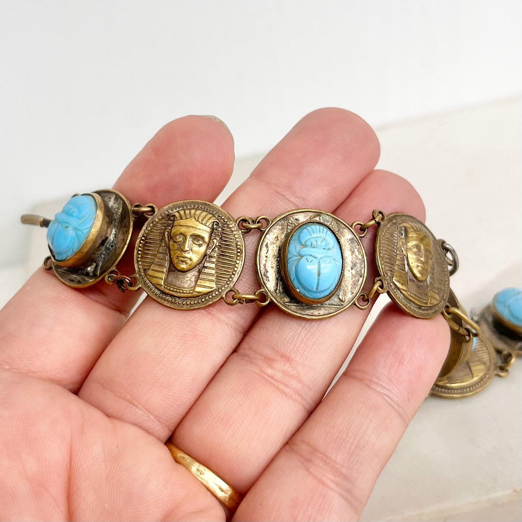 Vintage Egyptian Revival Brass Bracelet with Blue Scarab Stone and Tutankhamun Details MillyOliverVintage