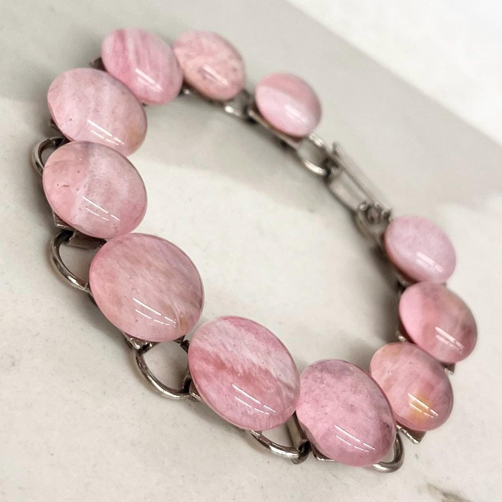 Vintage Pink Glass Cabochon Silver Tone Bracelet 1970’s Modernist Jewellery 7.25” Long MillyOliverVintage