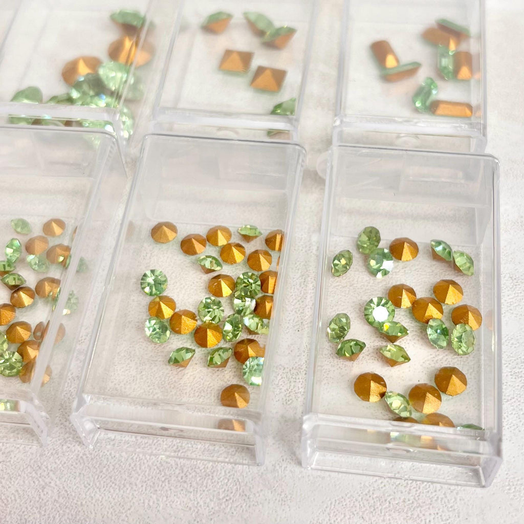 Pack of 204 Rare Green Uranium Glass Crystal Chatons 12 Different Shapes & Sizes Emerald Round Baguette Square in Handy Containers MillyOliverVintage