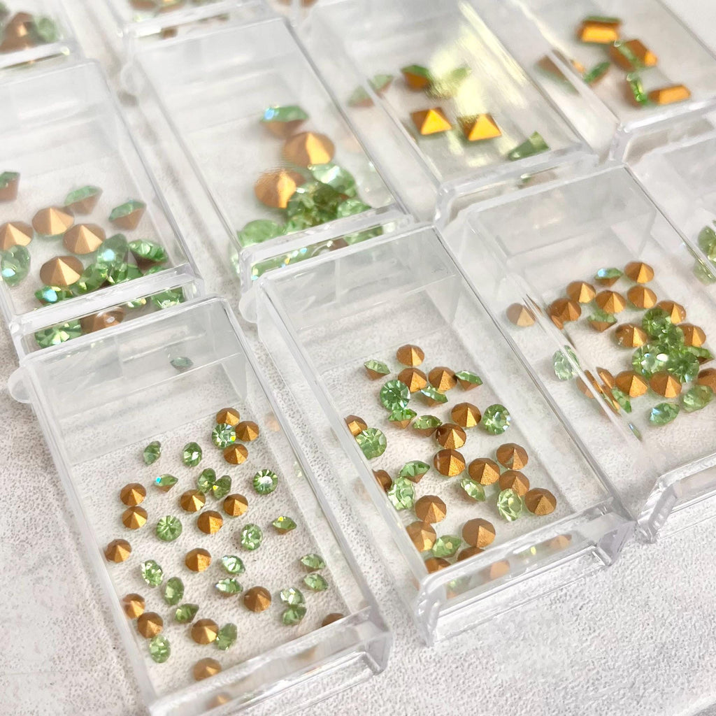 Pack of 204 Rare Green Uranium Glass Crystal Chatons 12 Different Shapes & Sizes Emerald Round Baguette Square in Handy Containers MillyOliverVintage