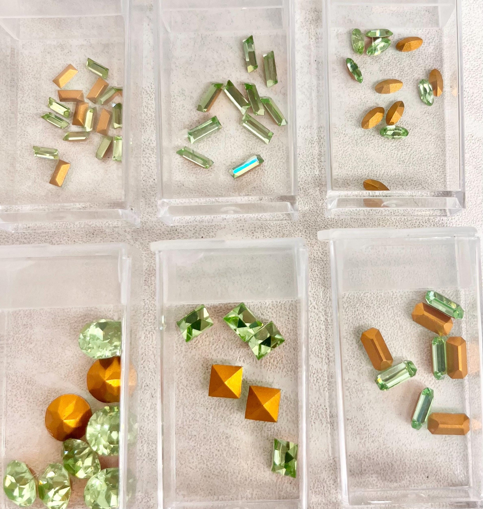 Pack of 204 Rare Green Uranium Glass Crystal Chatons 12 Different Shapes & Sizes Emerald Round Baguette Square in Handy Containers MillyOliverVintage