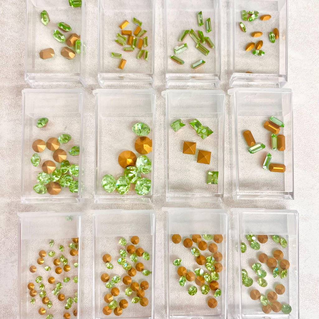 Pack of 204 Rare Green Uranium Glass Crystal Chatons 12 Different Shapes & Sizes Emerald Round Baguette Square in Handy Containers MillyOliverVintage