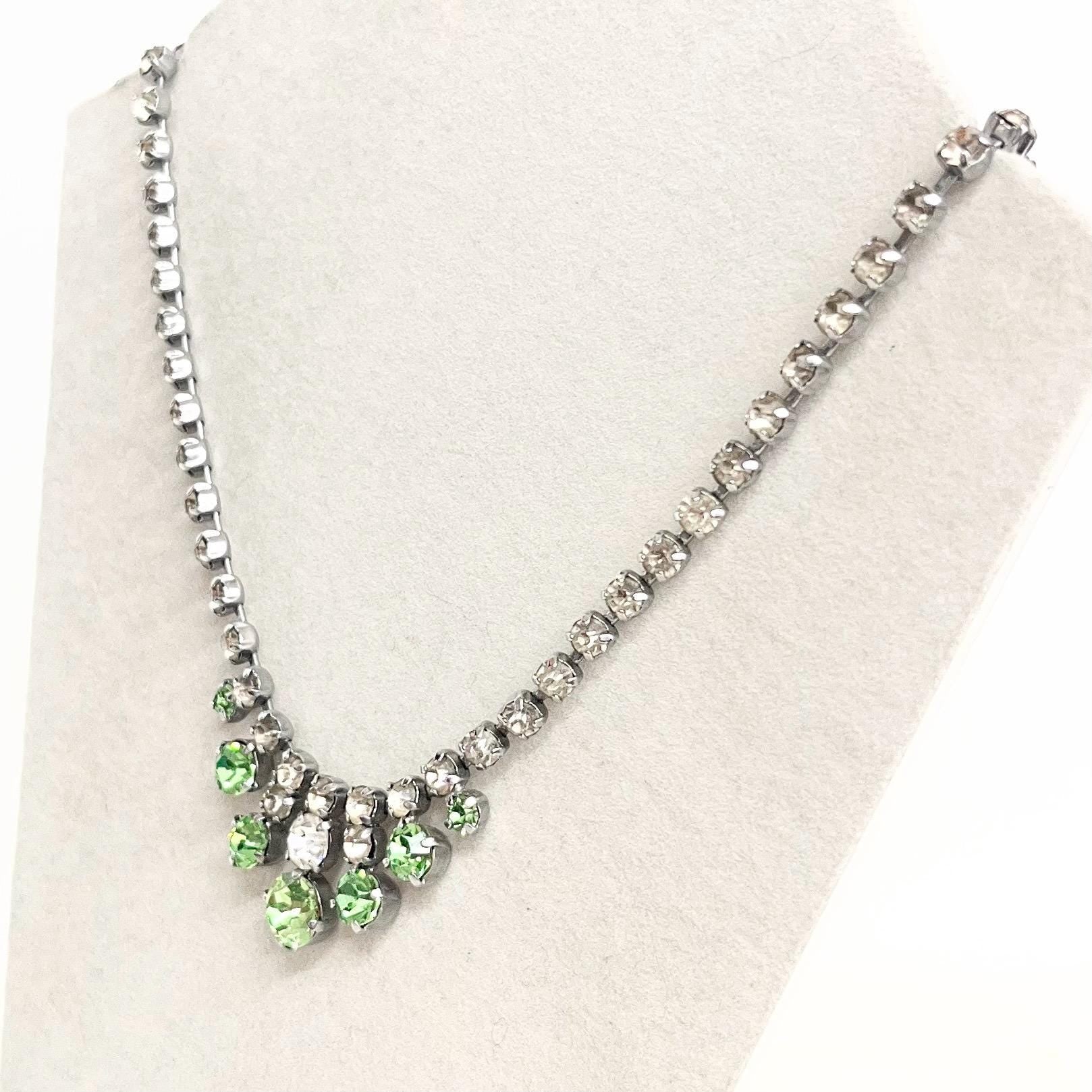 Vintage Clear & Green Uranium Glass Crystal Drop Necklace Silver Tone Metal UV Reactive Glow MillyOliverVintage
