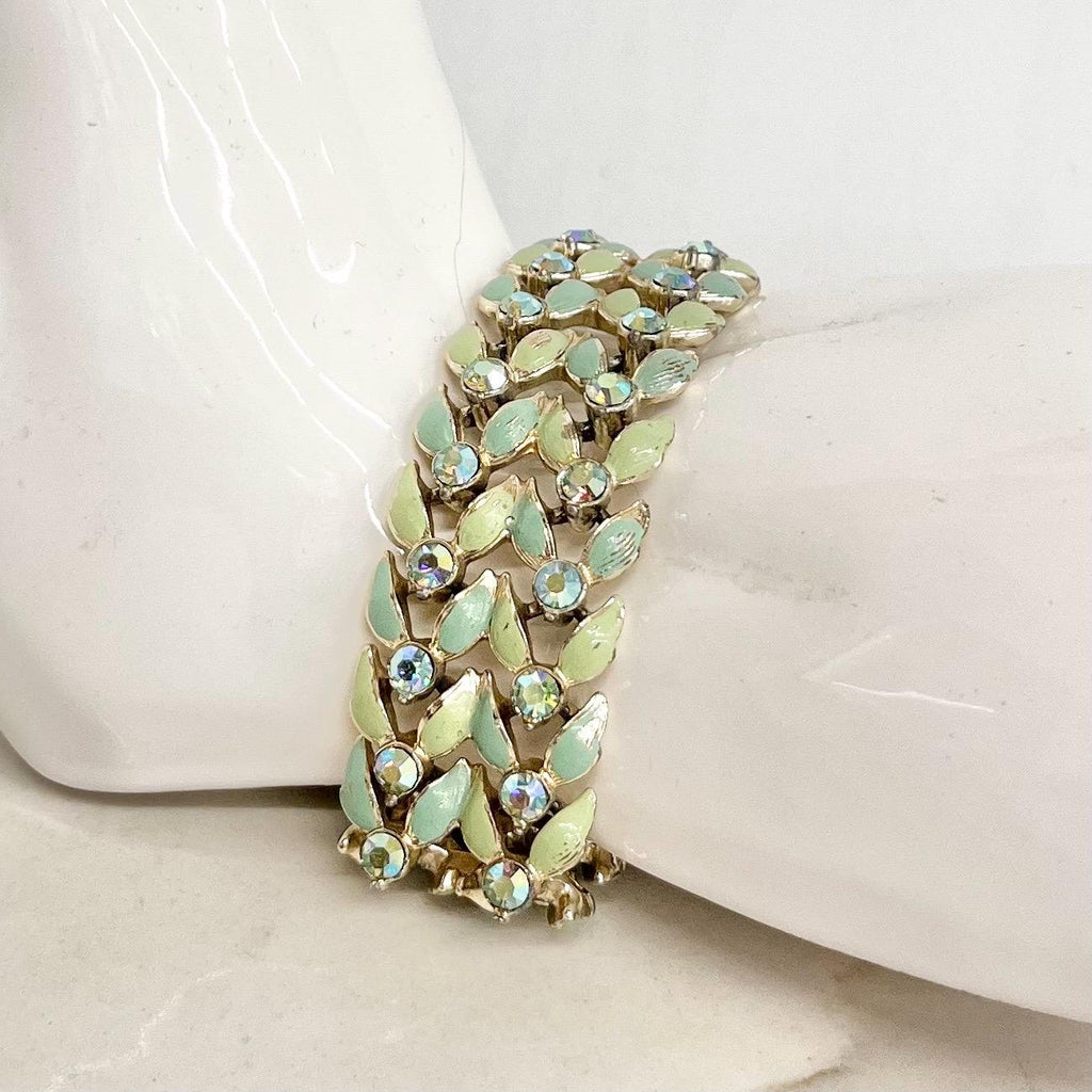 Vintage Aurora Borealis Green Uranium Glass Crystal Cuff Bracelet Light Gold Tone Metal UV Reactive Glow MillyOliverVintage
