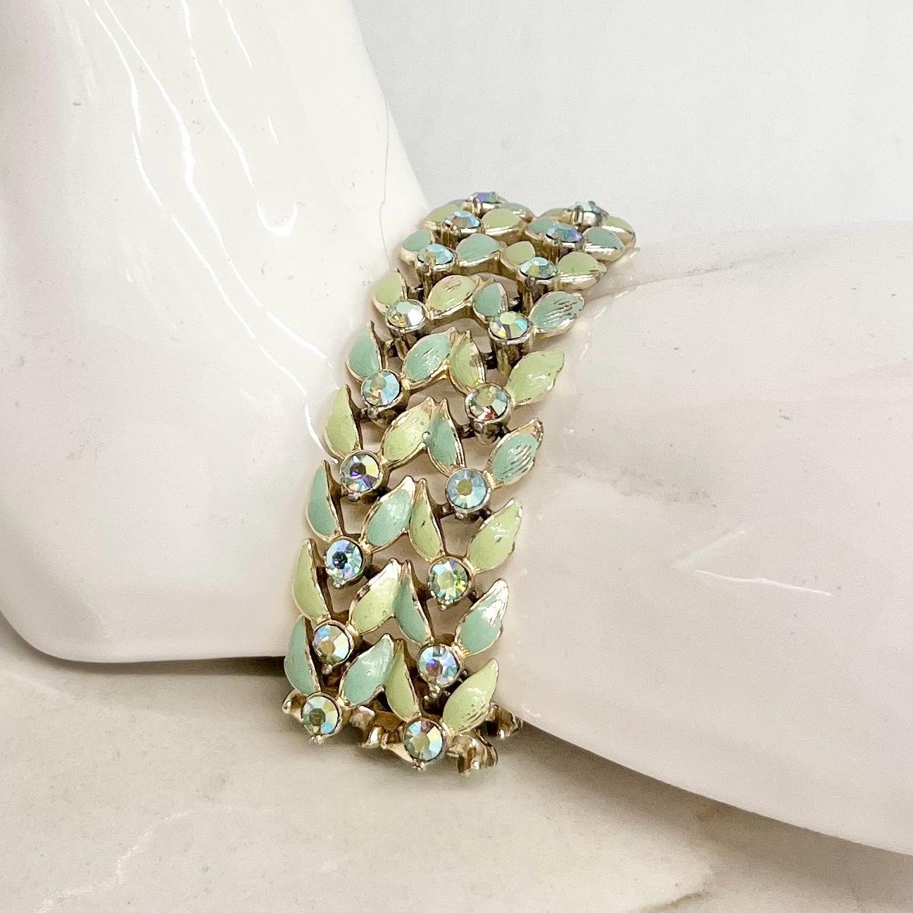Vintage Aurora Borealis Green Uranium Glass Crystal Cuff Bracelet Light Gold Tone Metal UV Reactive Glow MillyOliverVintage