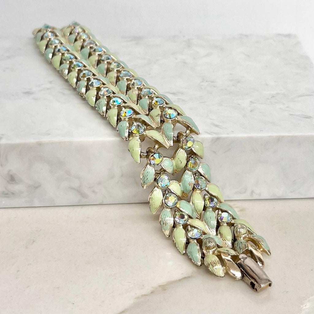 Vintage Aurora Borealis Green Uranium Glass Crystal Cuff Bracelet Light Gold Tone Metal UV Reactive Glow MillyOliverVintage