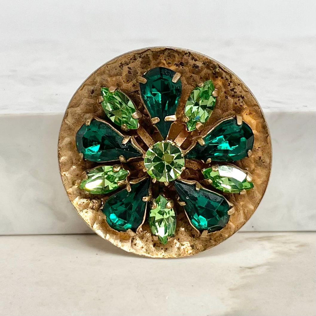Vintage Green Uranium Crystal Round Brooch Hammered Gold Tone UV Reactive Rhinestone Jewellery MillyOliverVintage