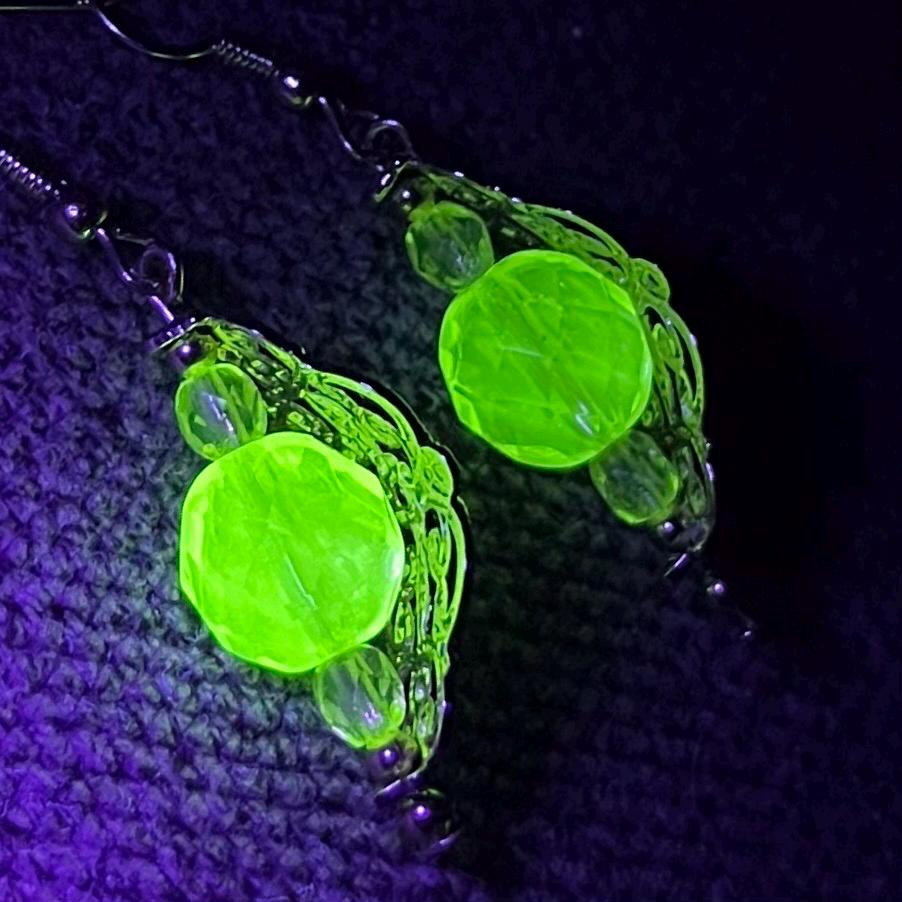 Yellow Uranium Czech Glass Bead Gold Toned Filigree Drop Earrings UV Reactive MillyOliverVintage