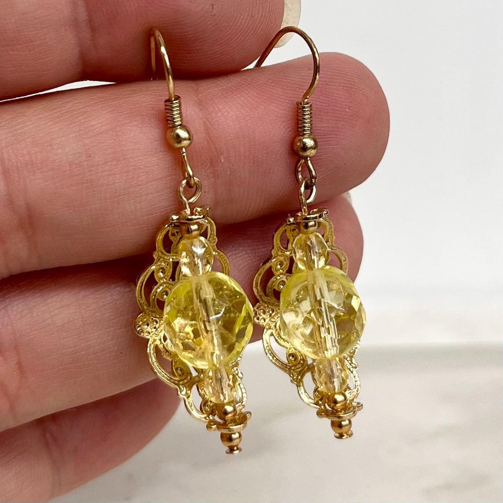 Yellow Uranium Czech Glass Bead Gold Toned Filigree Drop Earrings UV Reactive MillyOliverVintage