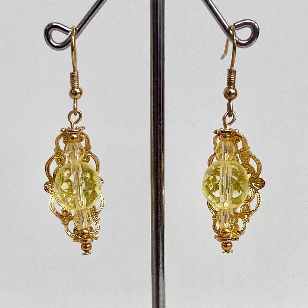 Yellow Uranium Czech Glass Bead Gold Toned Filigree Drop Earrings UV Reactive MillyOliverVintage