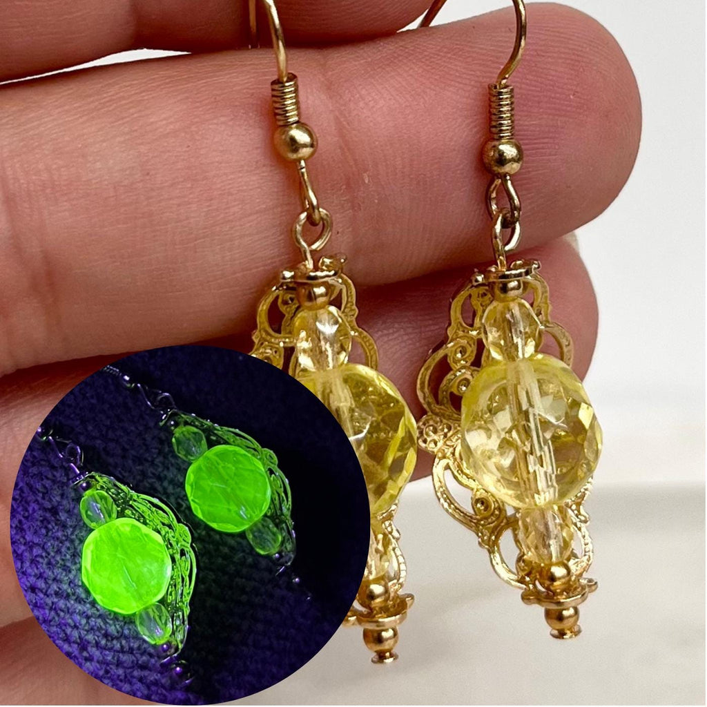 Yellow Uranium Czech Glass Bead Gold Toned Filigree Drop Earrings UV Reactive MillyOliverVintage
