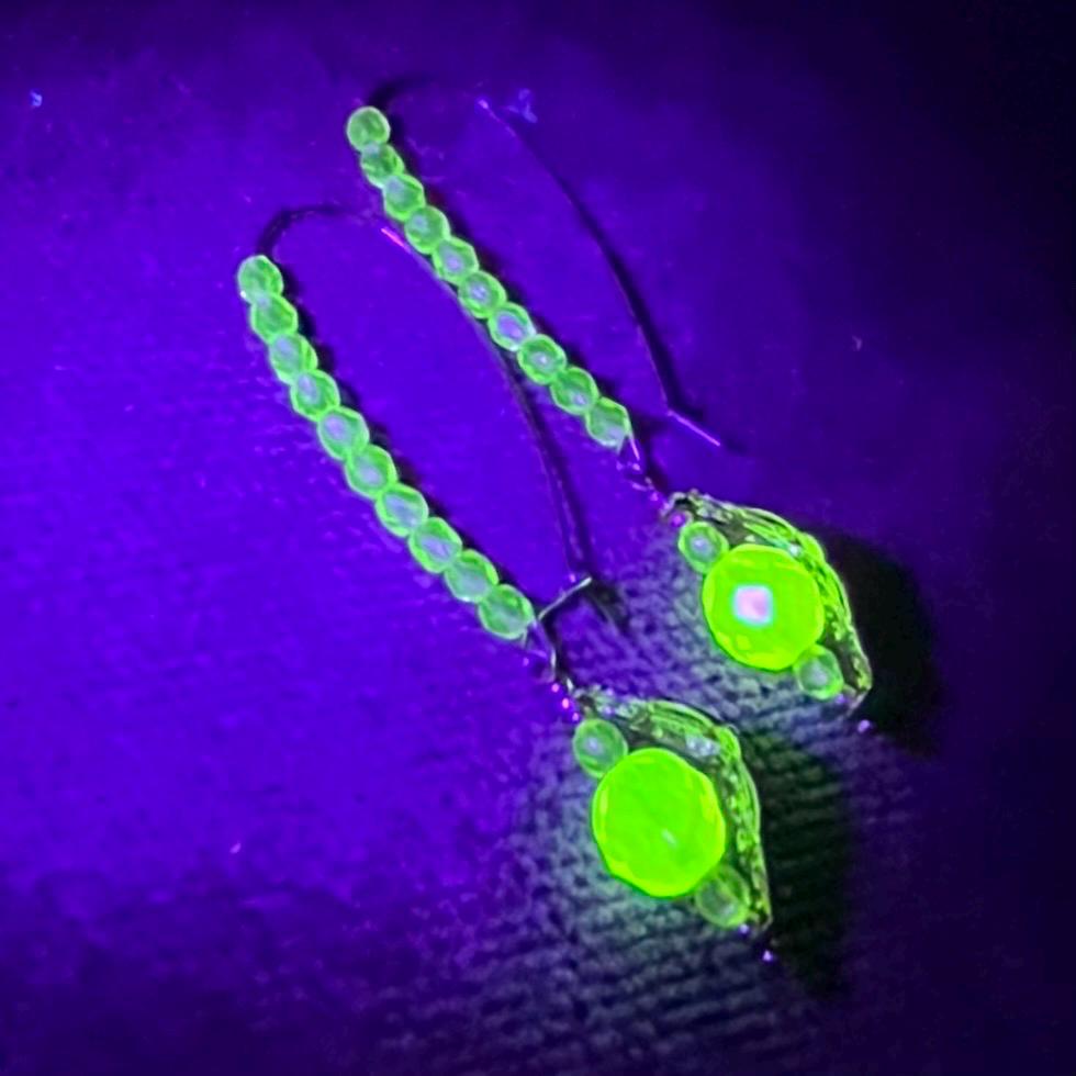 Yellow Uranium Czech Glass Bead Gold Toned Filigree Long Drop Earrings UV Reactive MillyOliverVintage
