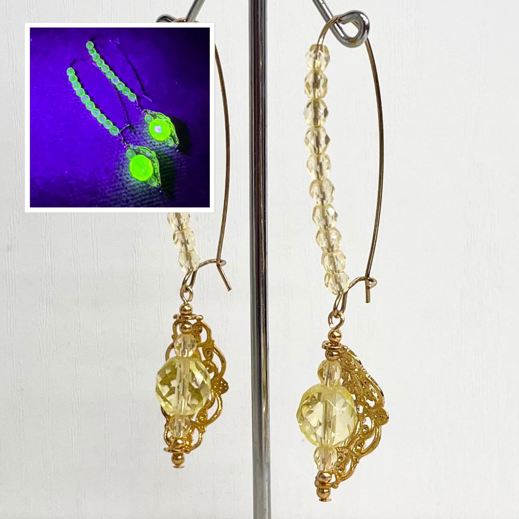 Yellow Uranium Czech Glass Bead Gold Toned Filigree Long Drop Earrings UV Reactive MillyOliverVintage