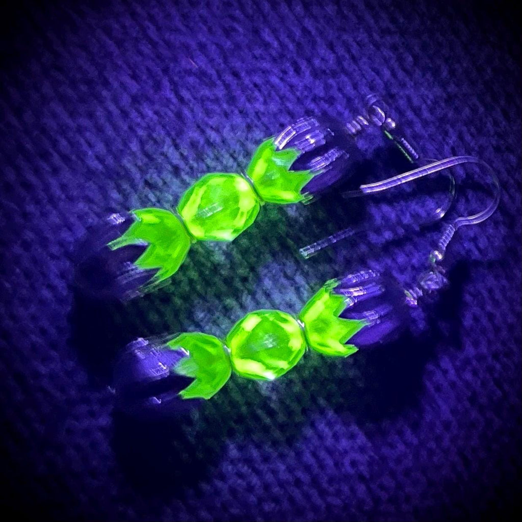 Yellow Uranium Czech Glass Bead Trio Earrings Gold Toned Drop Earrings UV Reactive MillyOliverVintage