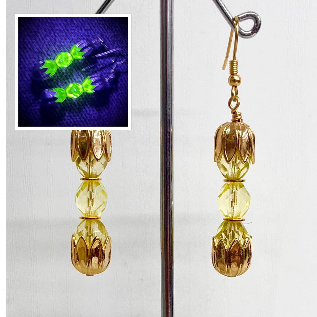 Yellow Uranium Czech Glass Bead Trio Earrings Gold Toned Drop Earrings UV Reactive MillyOliverVintage