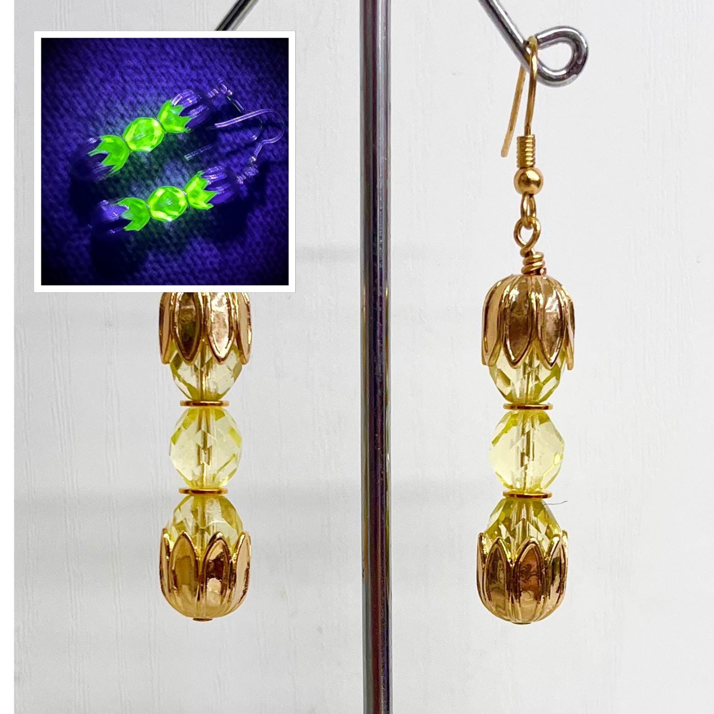 Yellow Uranium Czech Glass Bead Trio Earrings Gold Toned Drop Earrings UV Reactive MillyOliverVintage