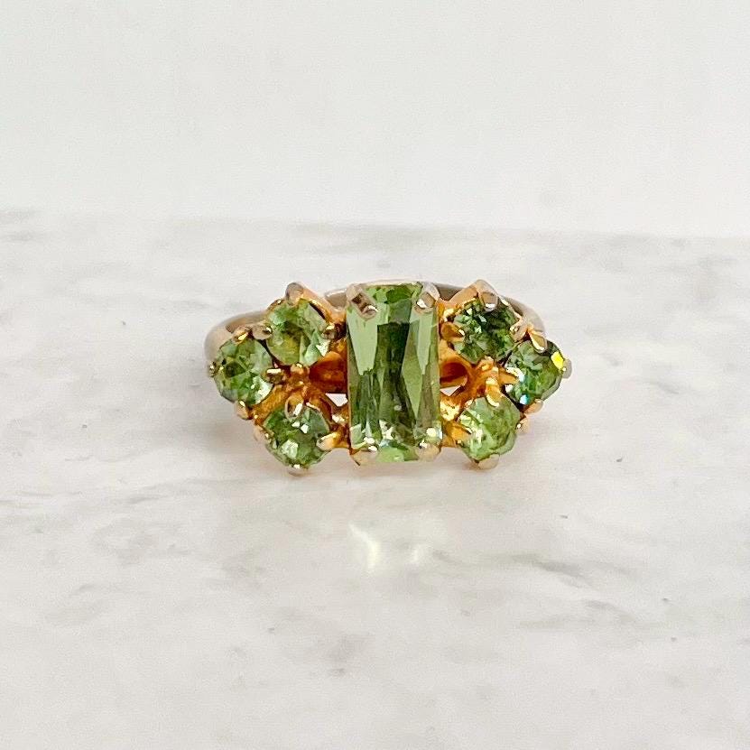 Vintage Uranium Glass Stone Emerald Cut Crystal Dress Ring Silver Tone UV Reactive Adjustable Size MillyOliverVintage